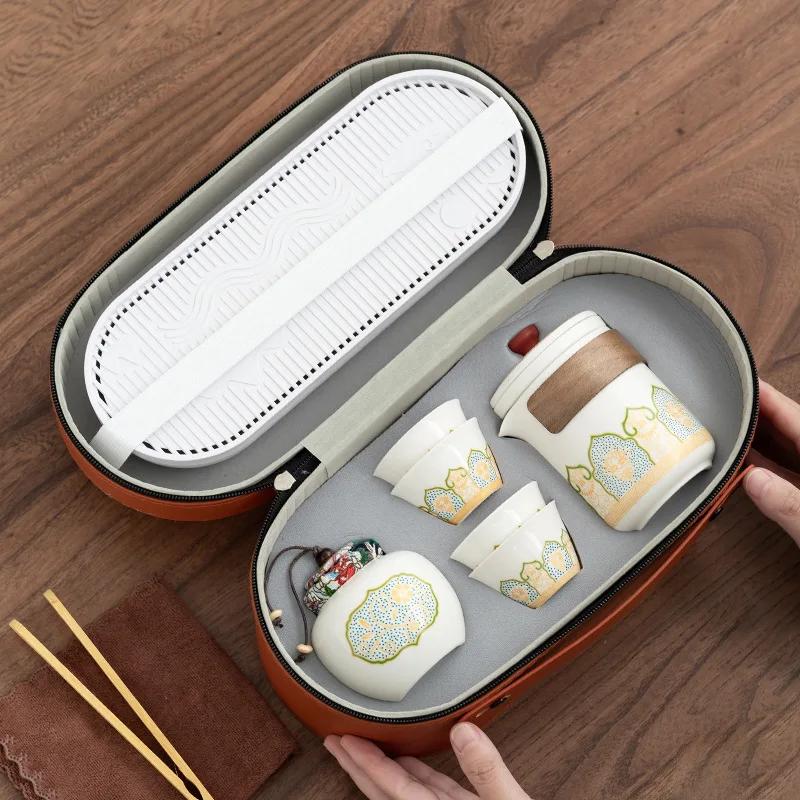 Portable Travel Tea Set with Ceramic Kungfu Cups for Outdoor Camping and Business Gifts