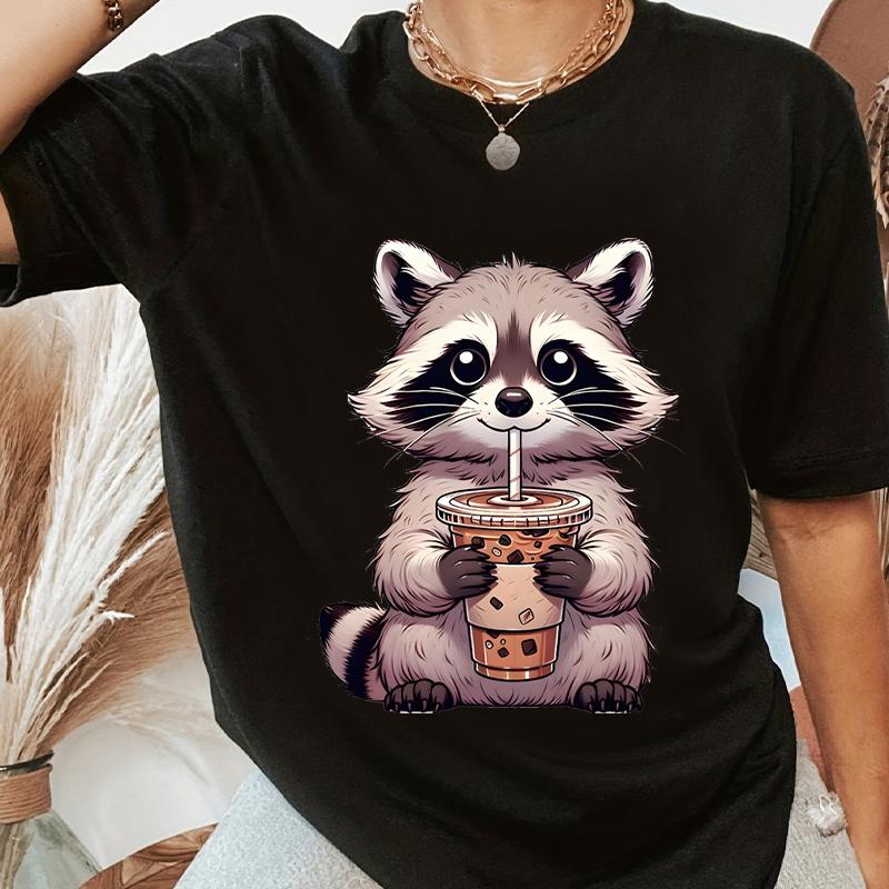 Summer Round Neck 3D Raccoon Pattern Print Top Fashionable Casual Short Sleeved Women's T-shirts