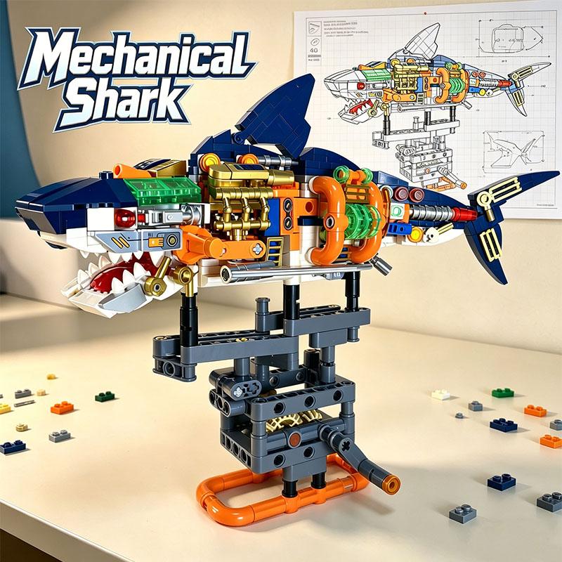 Mechanical Shark Brick Playset Brick Playset Animal Brick Playset MOC Shark Scale Ratio Model Children Toys Playsets Christmas Holiday Gift Present