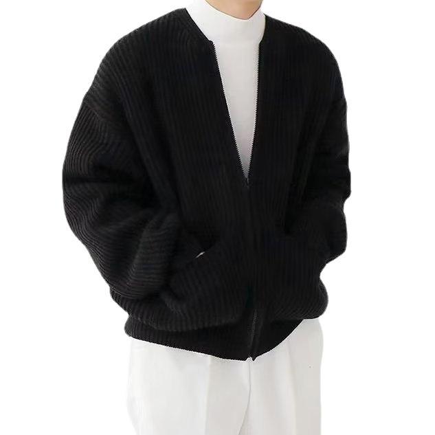 2025 Men's Autumn/Winter Korean Style Loose Casual Knit Cardigan Crew Neck Sweater