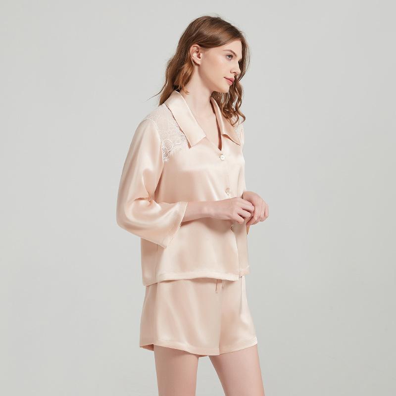 

Пижамный комплект из шелка Mulberry, кружевной комплект на одно плечо, женский летний комплект с отворотами и шортами XL