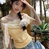 Reds Pavilion Short-sleeved T-shirt Women's New Summer Design Sense Niche Short Yellow Off-the-shoulder One-word Shoulder Top