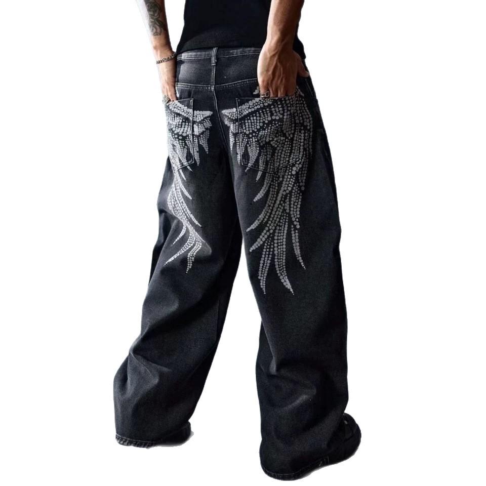 European and American street wing printed jeans men's straight loose high street washed denim trousers men