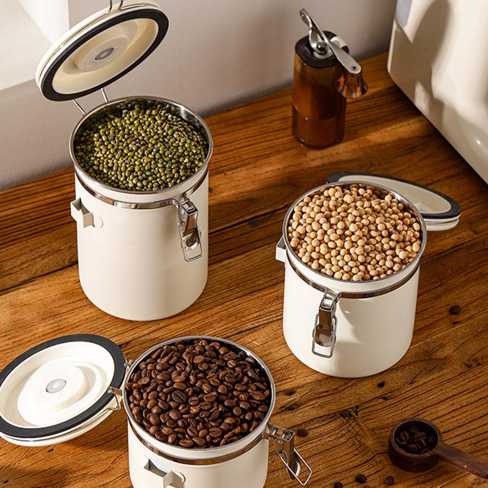 Kaffeburk i 304 rostfritt stål 1,2L Livsmedelsförvaringsbehållare med datumspårare, Skopa för kaffe, Bönor