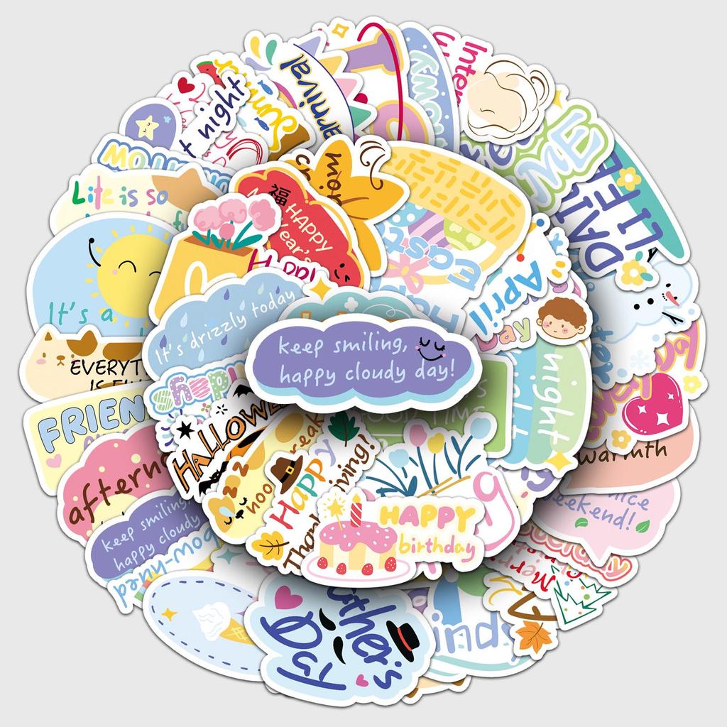 50 Original English Festival Cartoon Stickers for Phone Cases, Water Bottles, Books, and More