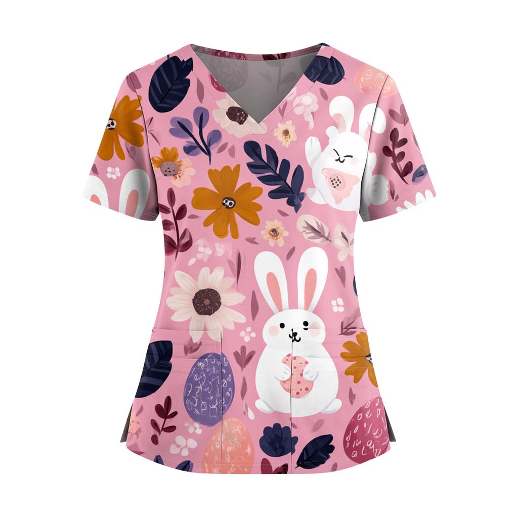 Damen Osterdruck V-Ausschnitt Doppeltasche Kurzarm Uniform Top mit geschlitztem Saum