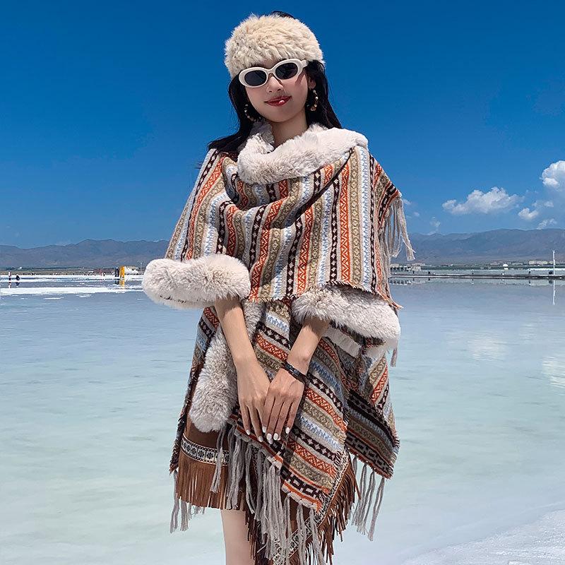 

Winter Women Scarf Layers Poncho Elegant Lady Striped Print Tassel Wraps Shawl Hairy Scarve Capa Para Mujer Pashmina Cloak Boho One Size& 8Y