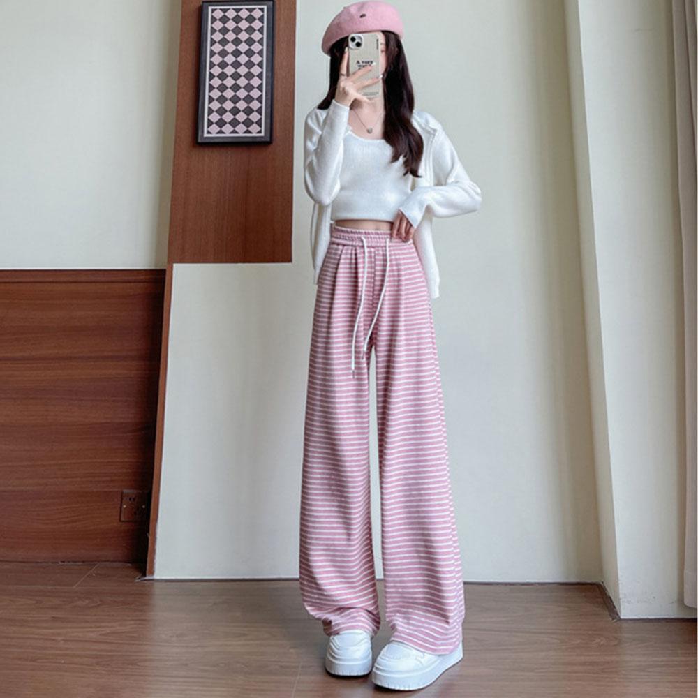 

Женская осенне-зимняя одежда, повседневные, с высокой талией, в полоску, спортивные, мешковатые, широкие брюки, брюки для женщин, уличные, спортивные штаны S розовый