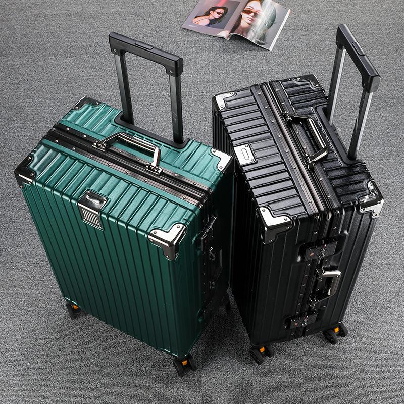 Large Capacity Aluminum Frame Travel Suitcase with Combination Lock, Trolley Wheels, and Durable Design for Men and Women.