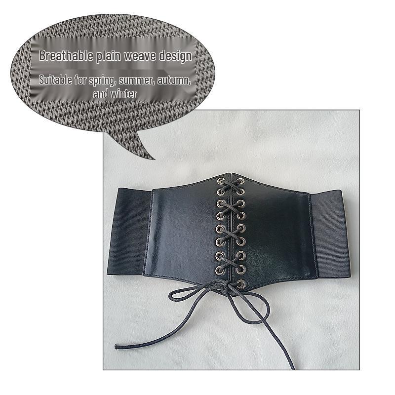 Women's Elastic Waistband Wide Leather Belt, Black, Versatile Fashion Lace-up Dress Accessory