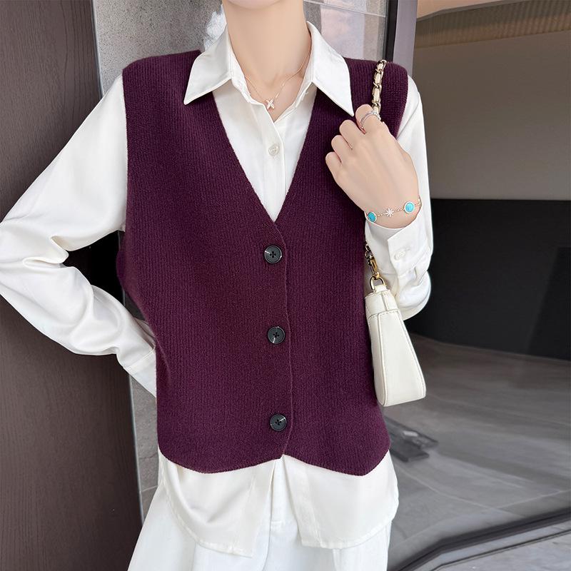 Women's Petite 100% Wool Knit Cropped Vest Cardigan - Autumn/Winter Style, Single-Breasted