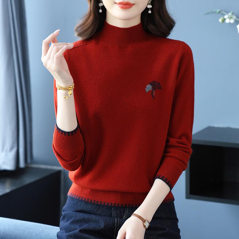 Women's Pure Wool Half-High Collar Knit Sweater - Stylish, Warm, Age-Reducing Pullover for Autumn and Winter