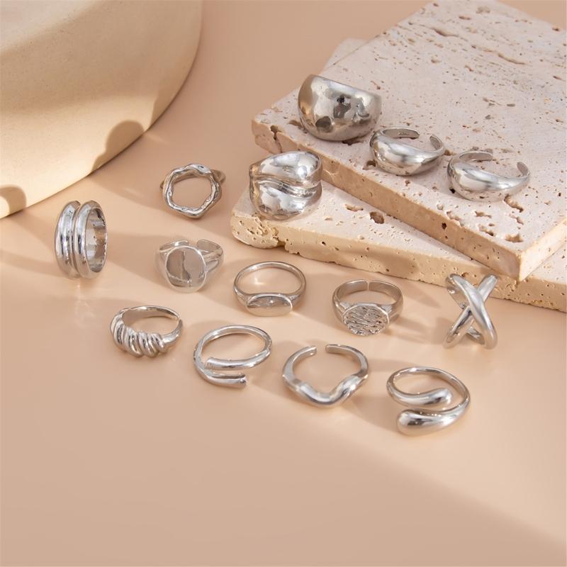 Pack of 12 Pearls Embellished Openwork Irregular Rings Set Alloy Fashion Jewelry Lightweight Hollow Jewelry Set for Women