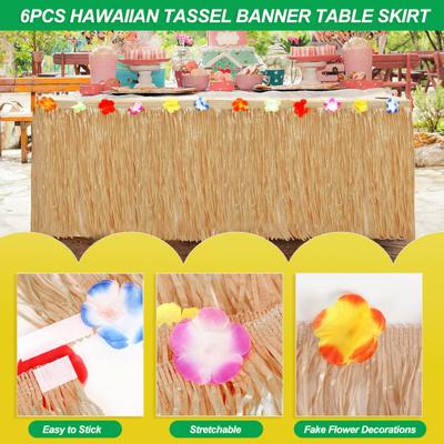 6Pcs Hawaiian Fringe Banner, Grass Skirt Table Fringe, Table Skirt with Colorful Flower