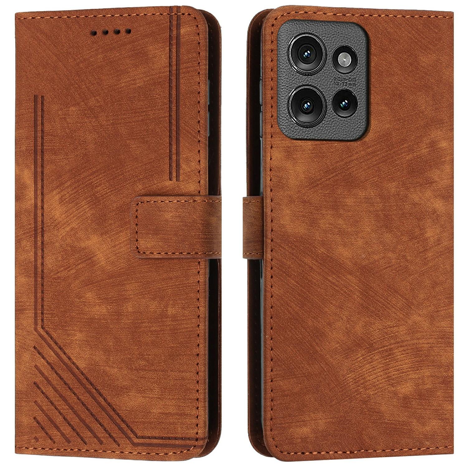 

Для Motorola Мото G 5G (2025) Кожаный чехол с тиснеными линиями, подставка, чехол для телефона Brown