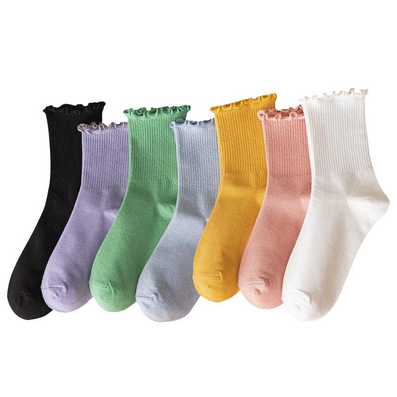 Schwarze Socken mit Ohrrand, Damen-Wadensocken, Weiße Dünne Trendige Sommer-Frotteesocken, Spitzensocken
