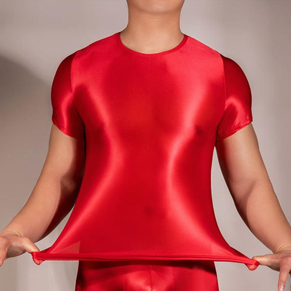 Comfortable Mens T-Shirt Male Nylon See Through Sheer Shiny
