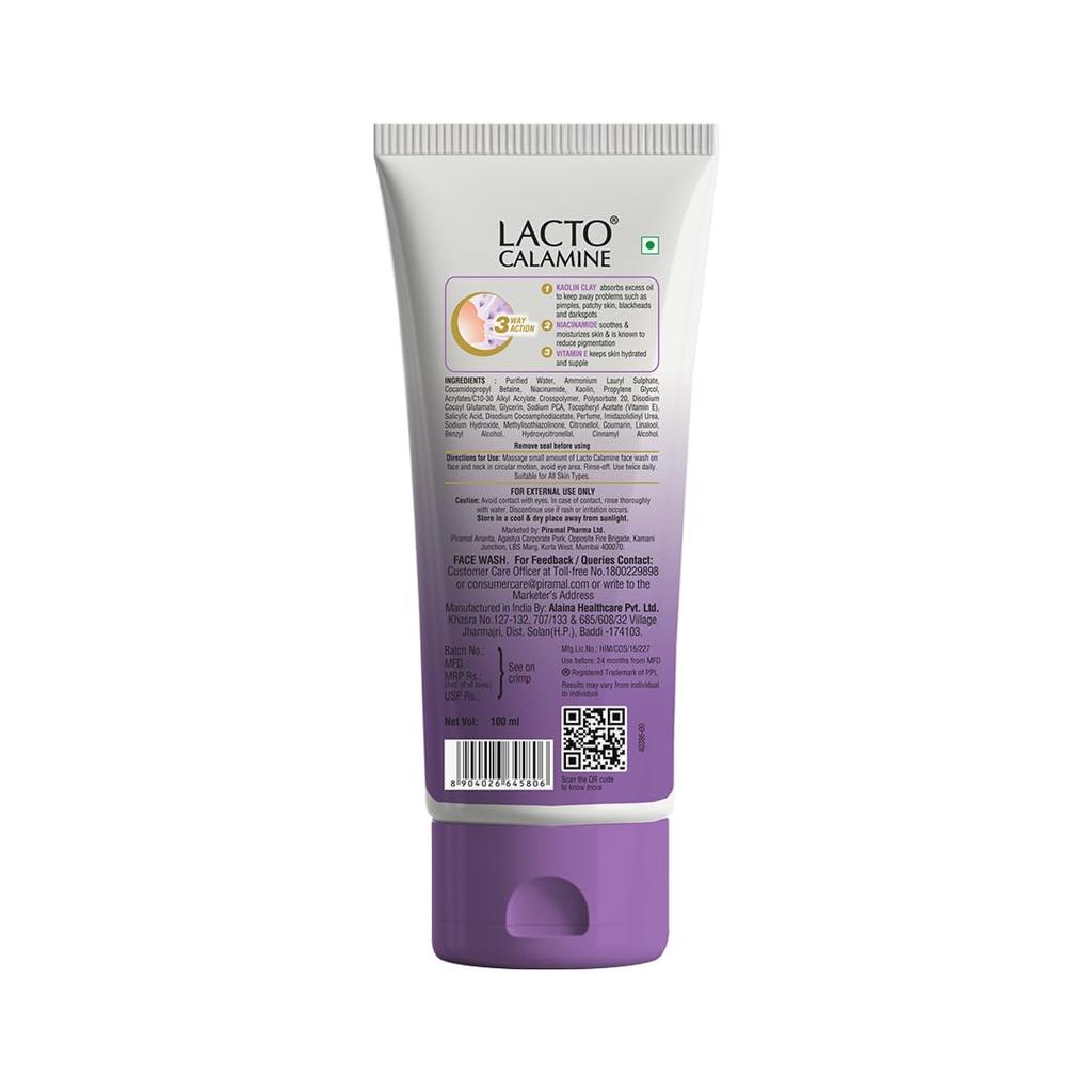 Lacto Calamine Face Wash For Oily Skin Kaolin Clay, Niacinamide & Vitamin E 100ml Pack Of 2 | Controls Oil, Pimples, Blackheads, Whiteheads