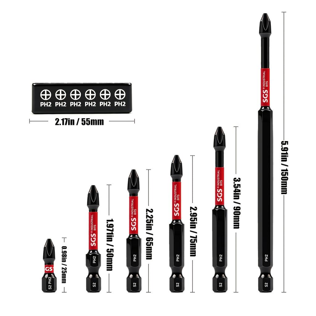 6 Pieces Phillips Impact Screwdriver Bits Set 25mm-150mm Mixed Sizes Magnetic Anti-impact Slip-resistant Bits for Automotive DIY
