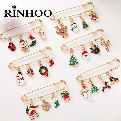 Rinhoo Merry Christmas Brooch Xmas Tree Santa Claus Glove Sock Snowman Deer Snowflake Chain Tassel Big Needle Pins Party Jewelry