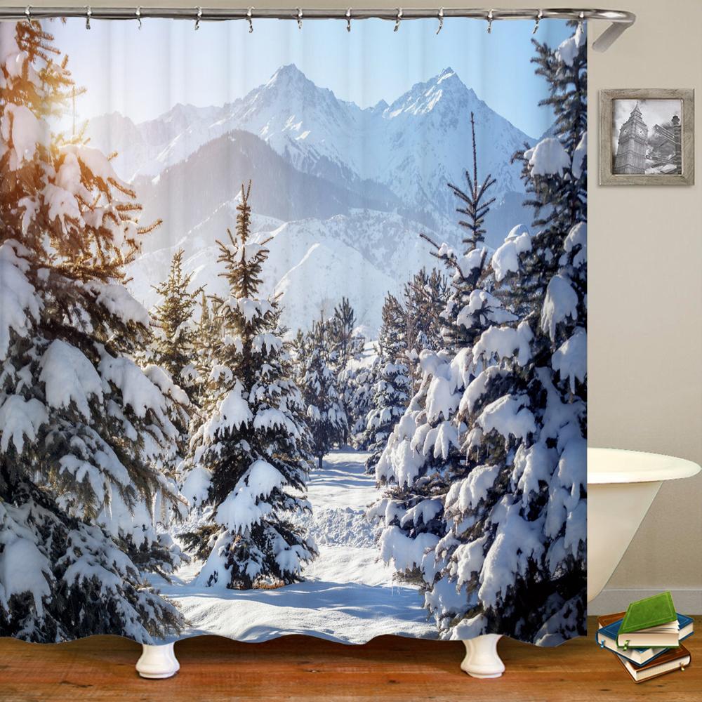 Natural Landscape Shower Curtains Bathroom Curtain Snow Scene Cedar Waterproof Polyester Bath Curtain Home Decorationwith Hooks
