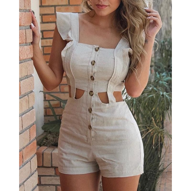 

Women Hollow Sleeveless Ruffle Jumpsuit Women Hollow out Frill One-Piece Shorts Beige White S