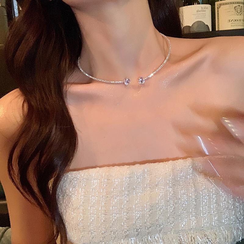 Super Flash Zircon Love Collarbone Chain Women's Light Luxury Design Sense Full Diamond Choker Open Collar Versatile Necklace