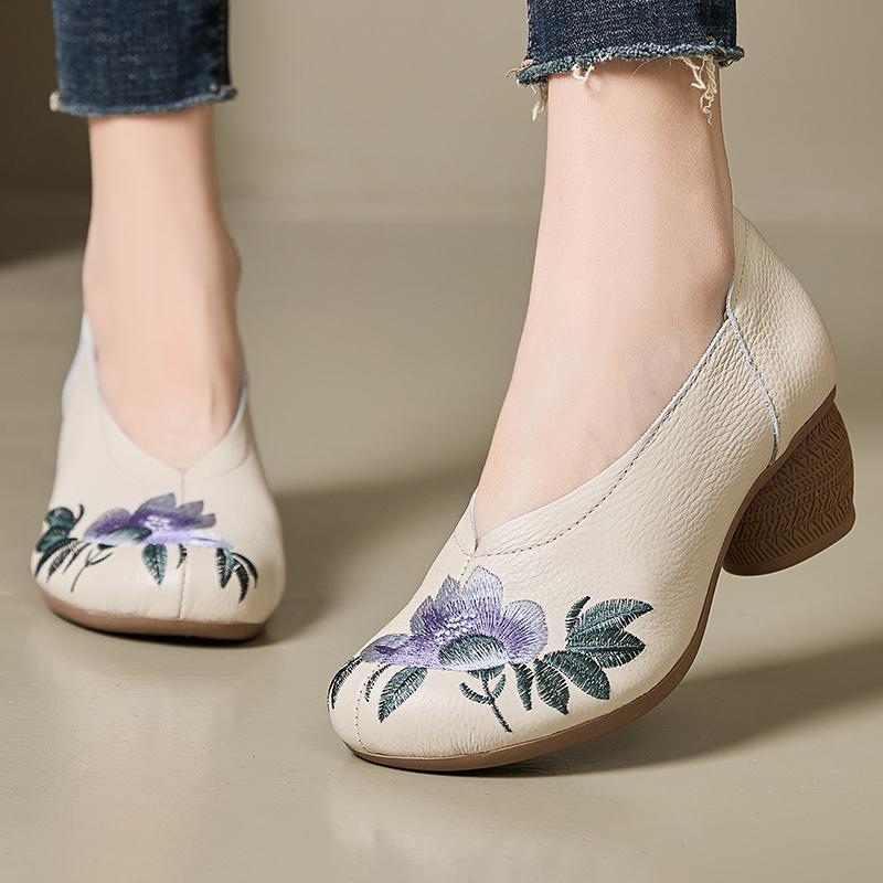 Fashion GKTINOO 2025 Spring Embroidery Genuine Cow Leather Shoes Women Shoes Fashion Mom Shoes Woman Ethnic Handmade Shoes High Heels