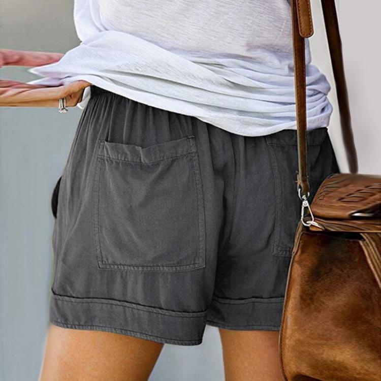 Women Summer Casual High Waisted Elastic Drawstring Shorts with Big Pockets Solid Lace Up Loose Wide Leg Pants