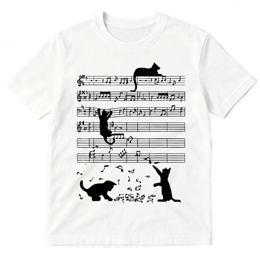 Funny Cat Playing Music Note Clef Musician Art Piano Graphic Tshirts Unisex Clothing Fashion High Quality Tshirt Top