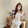 Fashion Sweet Spice Girl Slash Shoulder Short Sleeve T-Shirt Women's Summer Temperament Lace Splicing Hems Slim-fitting Versatile Solid Color Top