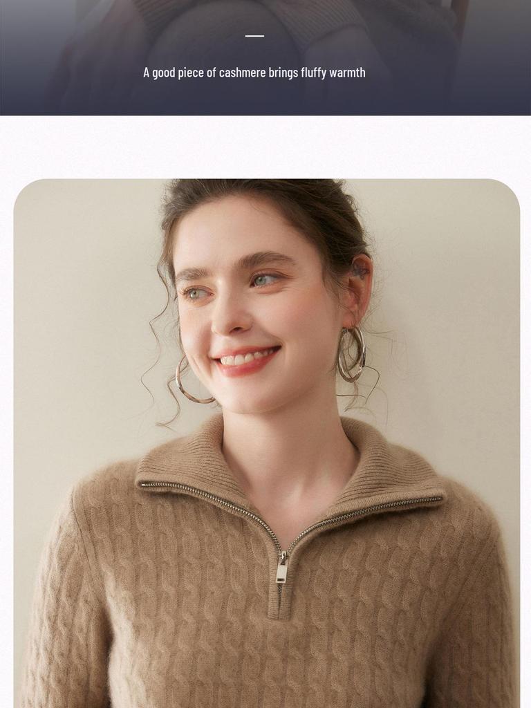 Women's Cashmere Sweater: Loose, Soft, Half-Zip, Stand Collar, Versatile for Autumn/Winter, Heavyweight, Skin-Friendly.