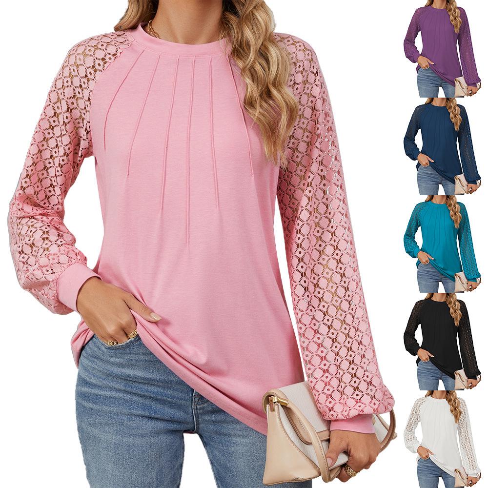 2024 Autumn/Winter Women's Lace Patchwork Round Neck Long Sleeve Loose T-Shirt
