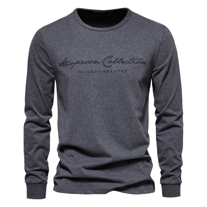 

Men S Long-Sleeved New Solid Color T-Shirt European Size Casual Sports Round Neck Pure Cotton Letter Printing Long-Sleeved Bottoming Shirt M темно-серого