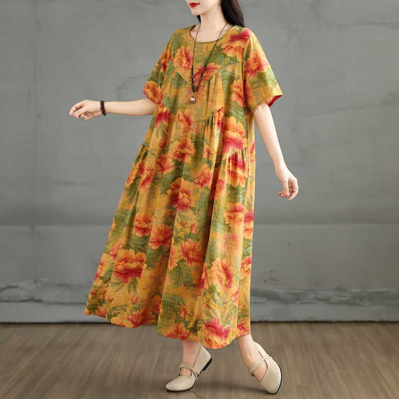 Summer Retro Cotton and Linen Round Neck Short Sleeved Dress, Women's Loose Skirt