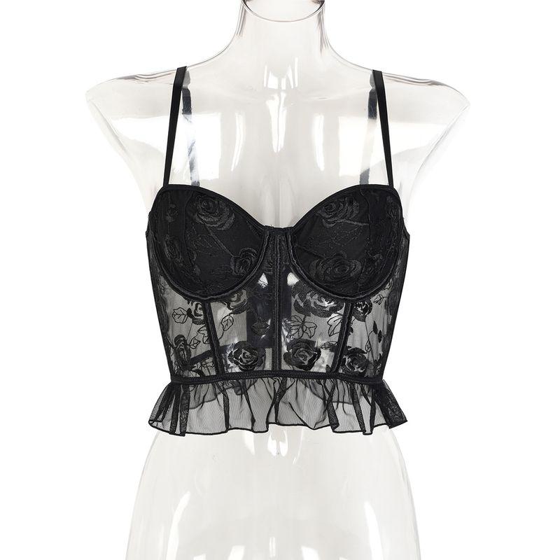 Outfitgirl Black Mesh Roses Flower Embroidered Strap Vest Ins Style Outwear Sexy Slim Looking Tops