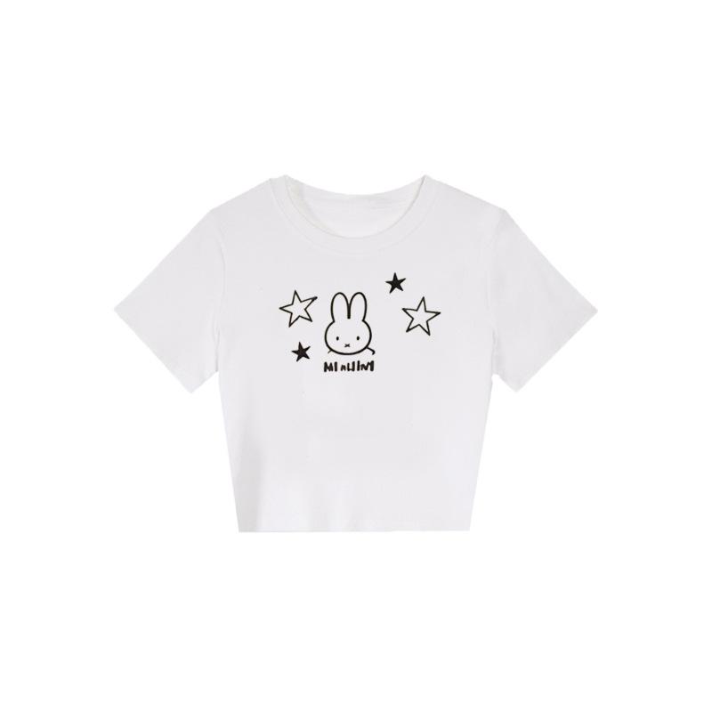 Summer new white front shoulder short thin short-sleeved T-shirt women s summer new simple rabbit printed top S белый