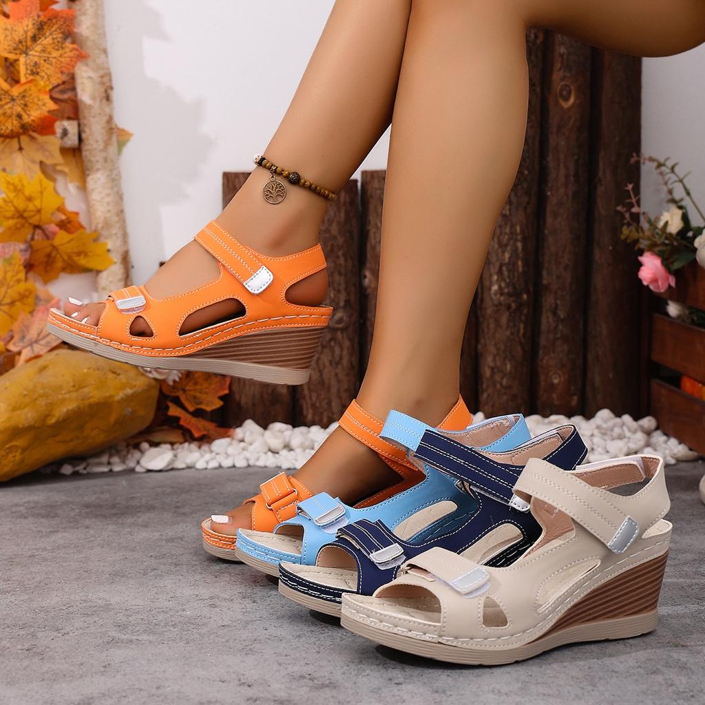 Sandali Estivi da Donna con Tacco Alto, Scarpe Zeppa Morbide con Cinturino Magico, Scarpe Piatte Casual Aperte Comode e Morbide, Adatte per Viaggi, Campeggio