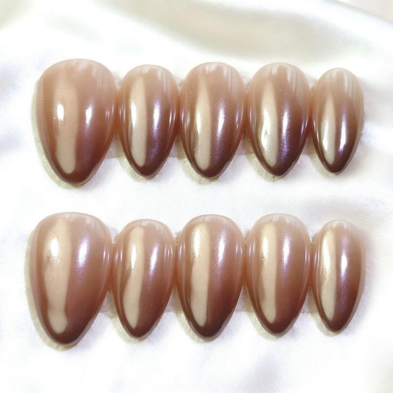 Short Press-On Nails With White Tip French Design Sparkly Glitter Cat Eye Effect Removable Artificial Nail Tips Women AW1040