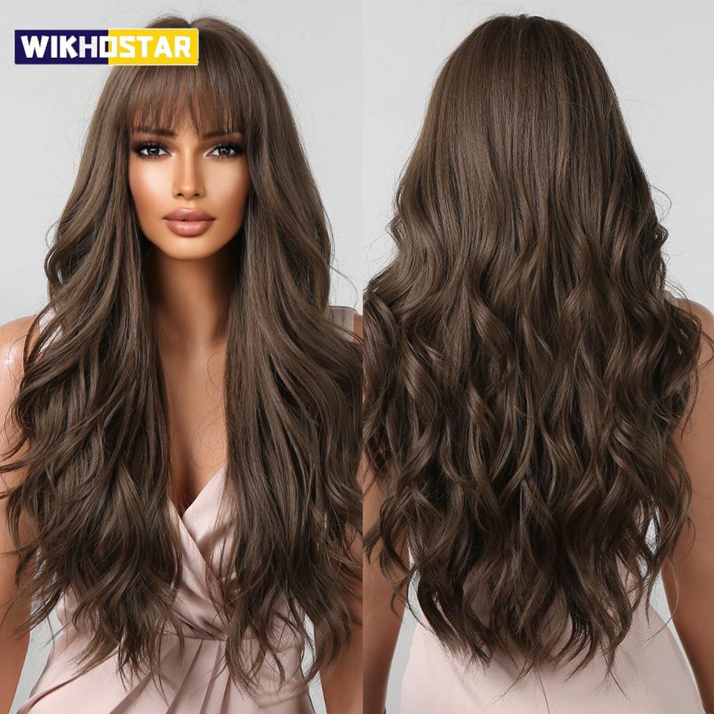 Brown Wavy Wigs for Women with Bangs Long Natural Synthetic Hair Wig Daily Cosplay Heat Resistant
