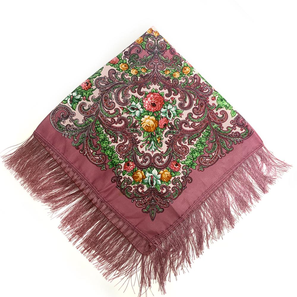 90*90cm Women Russian National Square Scarf Luxury Floral Print Russian Shawls Scarves Female Retro Fringed Foulard Wraps