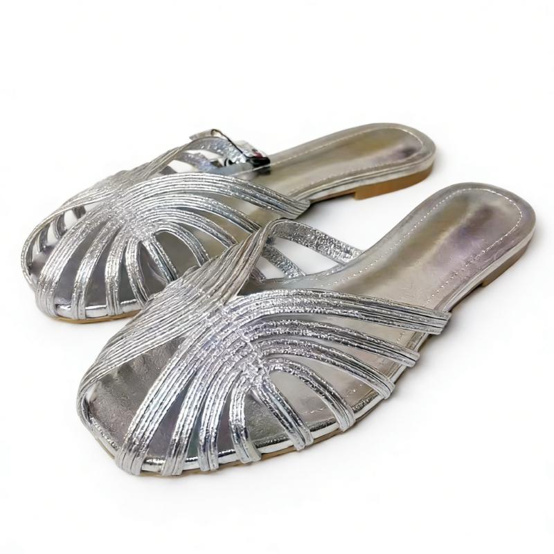 

Fashion Gold Narrow Strap Flat Sandals Women Sexy Peep Toe Pointed Toe Slide Sandals Summer Vacation Beach Sandals Zapatos Mujer 42 срібний