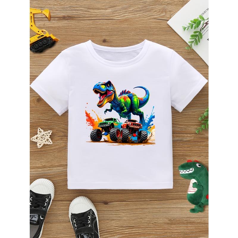 European Sizes Boys' Dinosaur T-Shirt with T-Rex & Print - Short Sleeve Round Neck Casual Top, Suitable For, Playdates