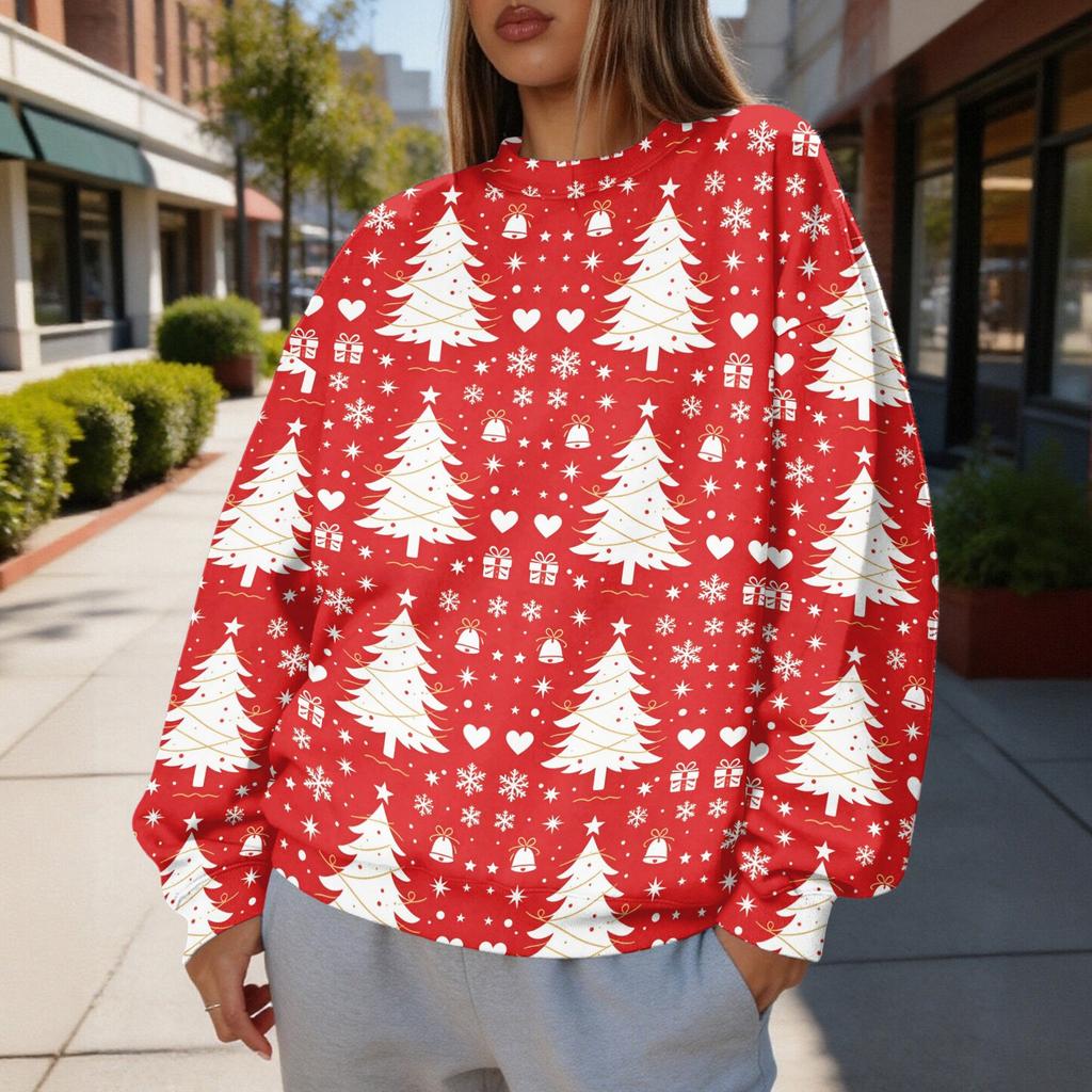Women's Christmas Print Crewneck Sweatshirt Lightweight Casual Long Sleeve Pullover Top