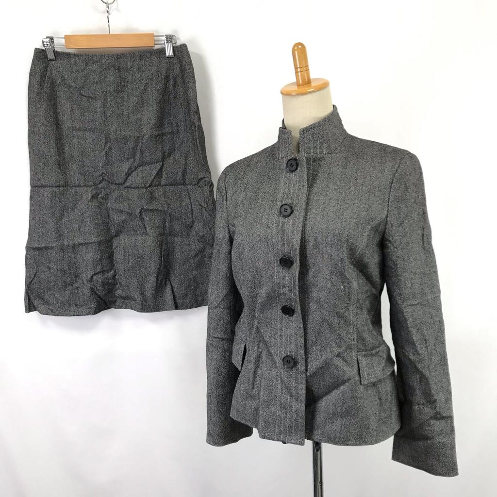 Made in Japan Reflect Skirt Suit Set 40 L Women Knee-Length Mao Collar Gray Fully Lined(USED)
