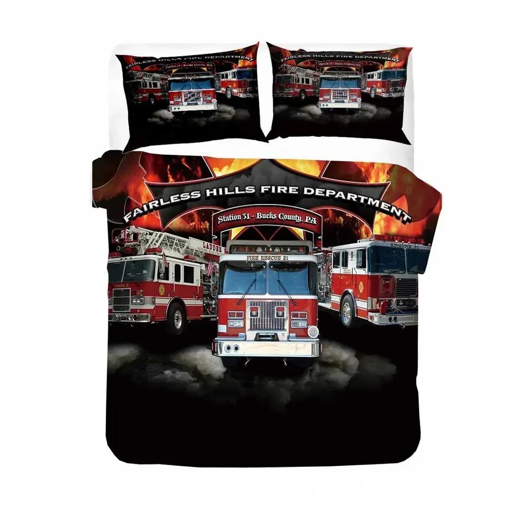 Camion dei Pompieri Rosso Auto dei Pompieri Copripiumino Confortevole Copricuscino Set Biancheria da Letto Decorazione Camera da Letto Bambini Tessile per la Casa