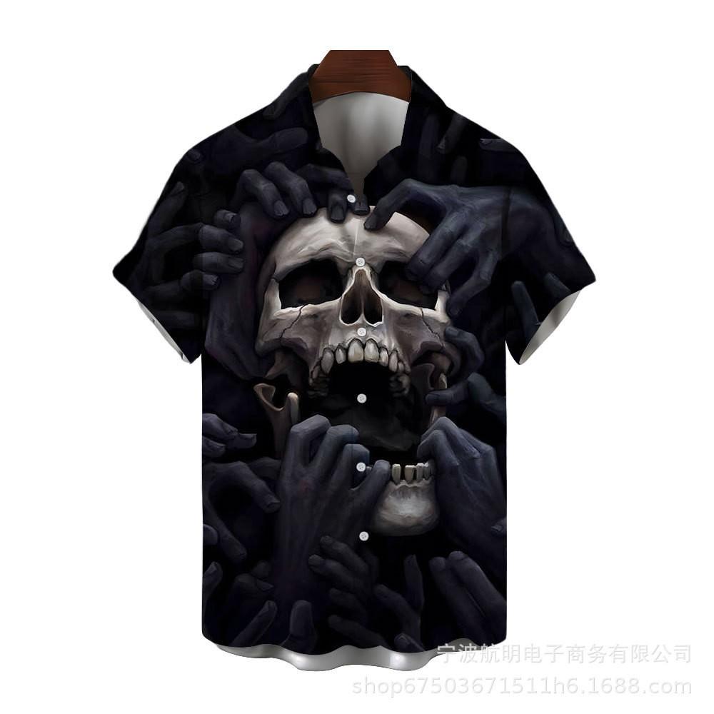 Men Gothic Skull Themed Short Sleeve Casual Shirts