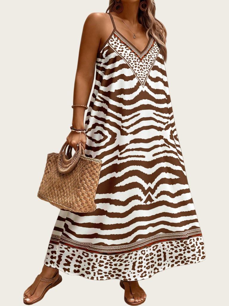 Bohemian Zebra Print V-neck Maxi Dress