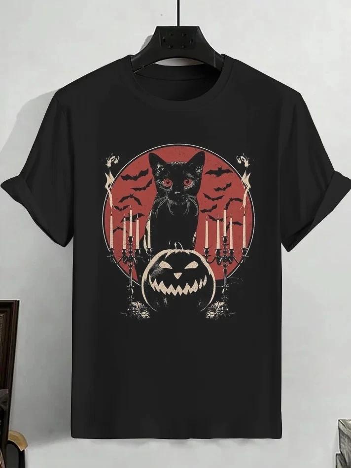 Black Cat Pumpkin Halloween Gothic Art Graphic T-Shirt 4XL