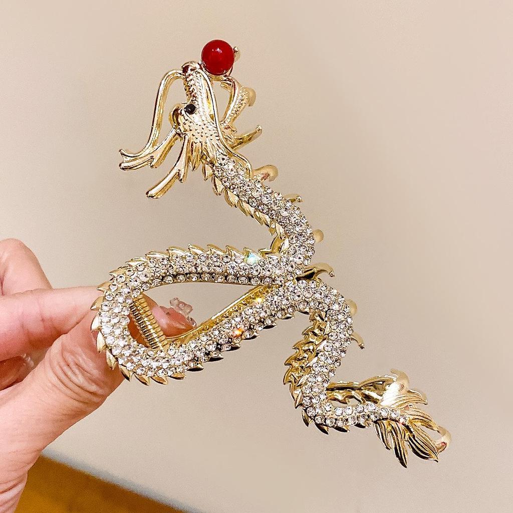 "Elegante Fermaglio per Capelli Anno del Drago: Pinza per Capelli a Forma di Squalo Stile Cinese con Strass di Alta Gamma per Donne"